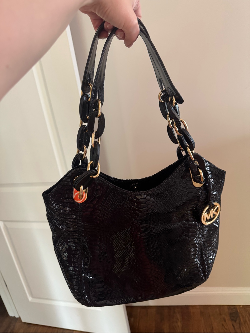 Michael Kors Black Snake-Embossed Shoulder Bag With Gold Hardware